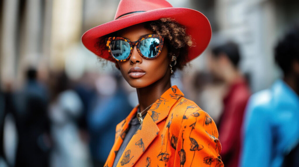 femme avec chapeau et lunettes de soleil dans rue